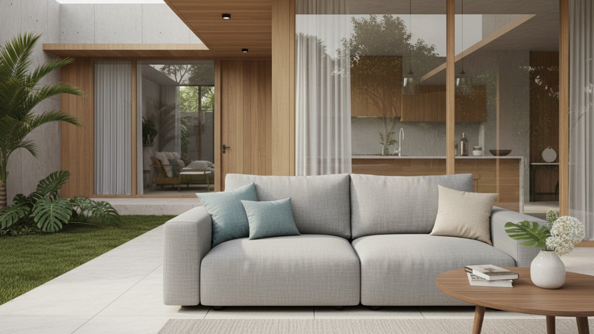 Sofa berbahan kain ringan.