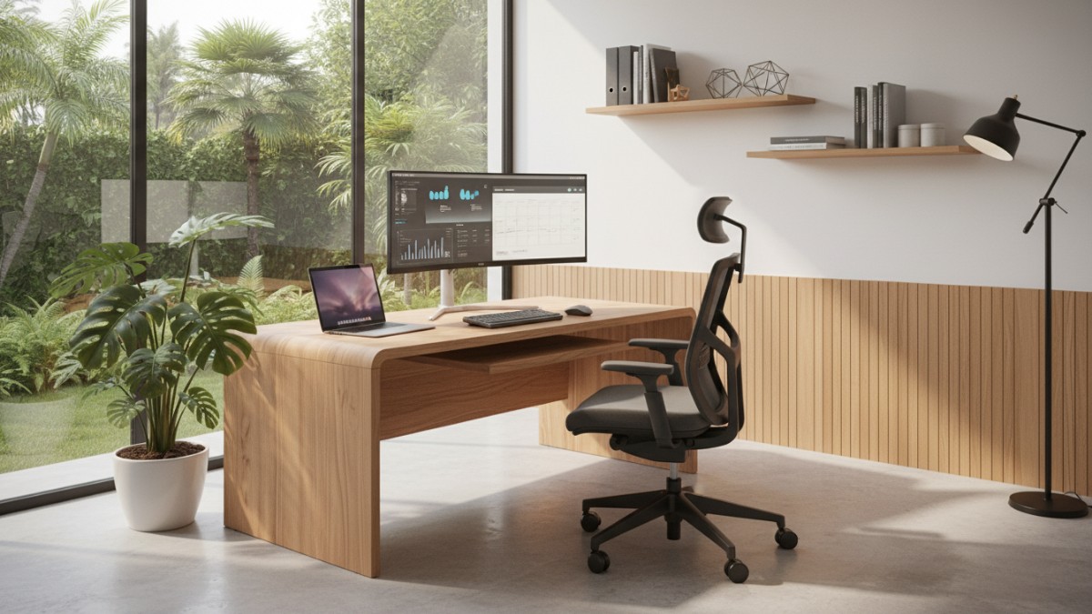 Meja kerja ergonomis modern dengan laptop dan kursi nyaman, suasana kerja produktif di rumah