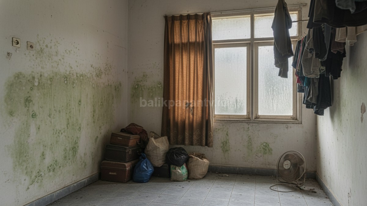 Dinding rumah dengan bercak jamur tipis dan jendela tertutup rapat, memperlihatkan kondisi lembap akibat tidak ada sirkulasi udara