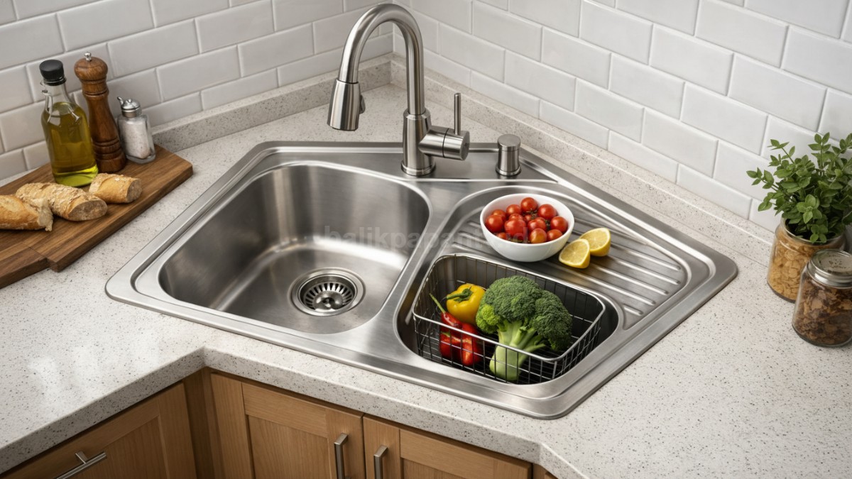 Wastafel cuci piring sudut (corner sink).