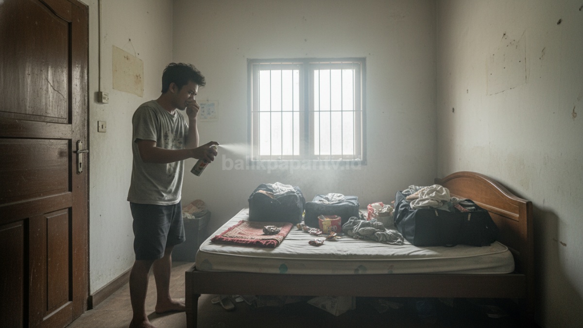 Seseorang menyemprot pewangi ruangan di kamar tanpa membuka jendela, menggambarkan kesalahan menutup bau tanpa mengatasi sumbernya