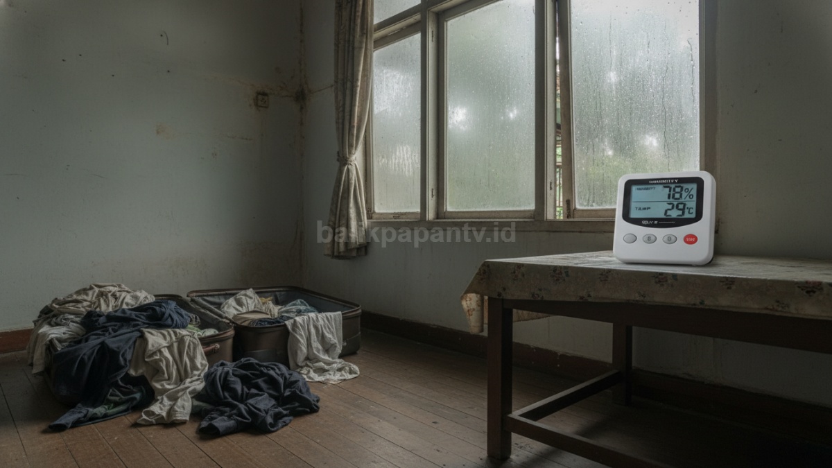 Alat hygrometer digital menunjukkan angka kelembapan di atas 70% di dalam ruangan