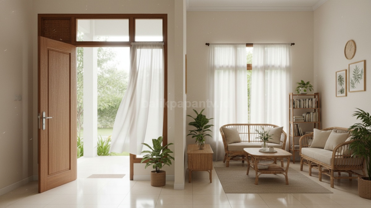 Rumah dengan ventilasi silang terbuka, udara segar mengalir, ruangan terlihat terang dan kering
