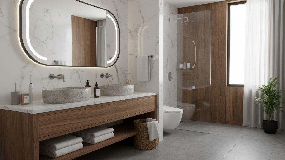 Kamar mandi modern dengan penataan berdasarkan aktivitas pagi yang rapi dan efisien