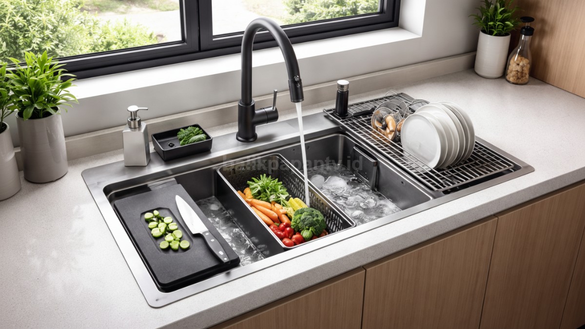 Wastafel cuci piring minimalis 2026 dengan desain modern dan multifungsi di dapur kecil, tampil rapi dan efisien.