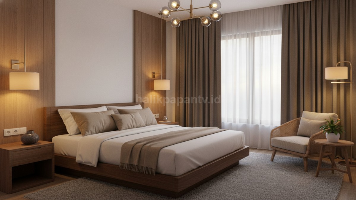 Kamar tidur modern dengan tirai tebal dan pencahayaan hangat yang menciptakan suasana nyaman untuk istirahat optimal