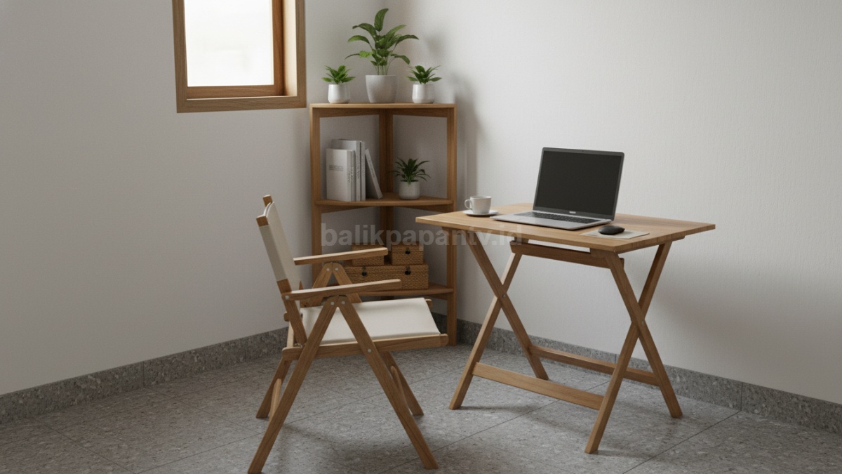 Furnitur kecil seperti rak sudut dan meja lipat dengan ukuran compact di ruangan sempit