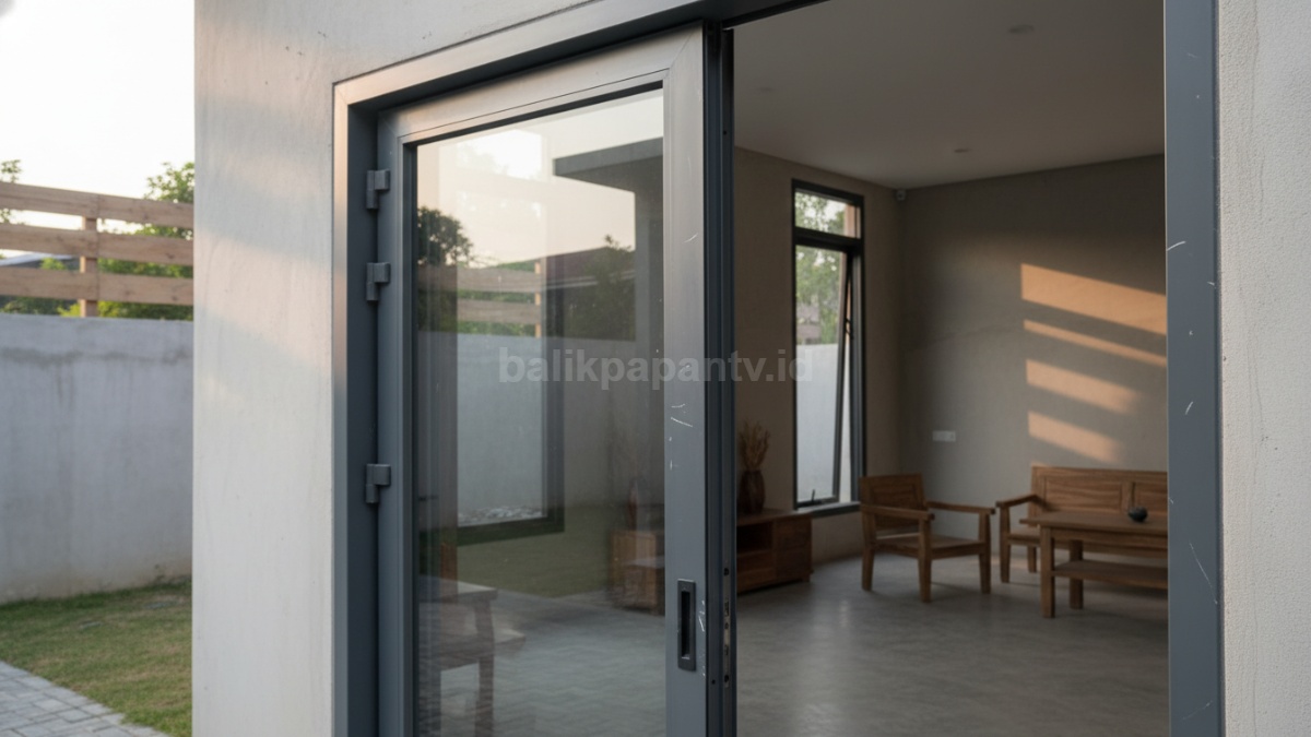 Pintu aluminium tipis dengan finishing kurang rapi dan engsel terlihat kurang kuat