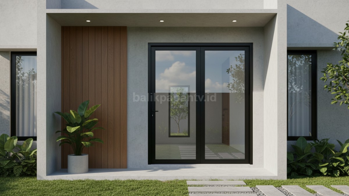Pintu aluminium warna hitam polos tanpa ornamen pada rumah dengan konsep minimalis 