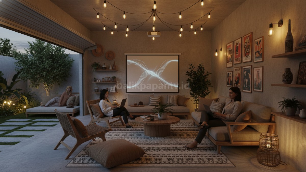 Garasi rumah modern disulap jadi tempat nongkrong estetik dengan lampu hangat dan furnitur santai