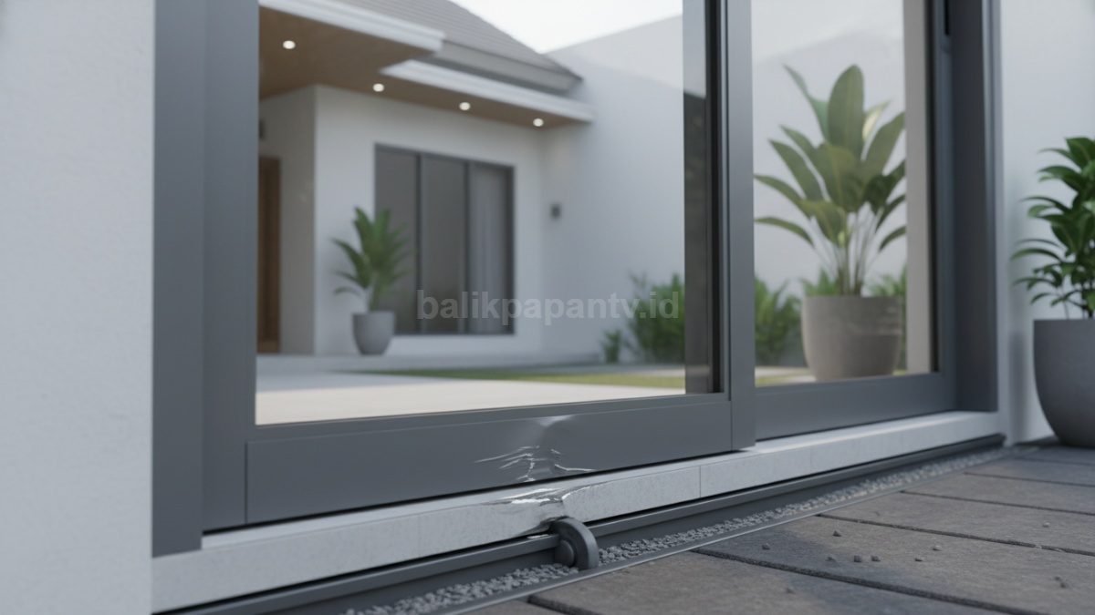 Pintu aluminium yang penyok dan rel macet akibat kualitas bahan rendah