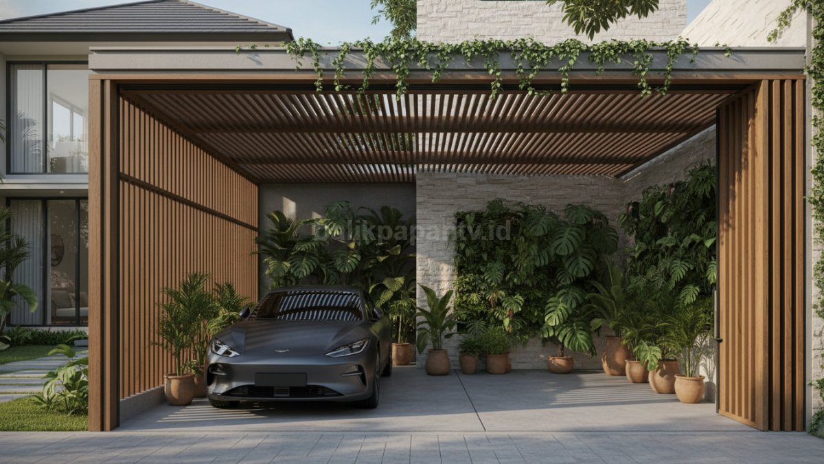Garasi rumah minimalis dengan konsep semi-outdoor dan tanaman hijau