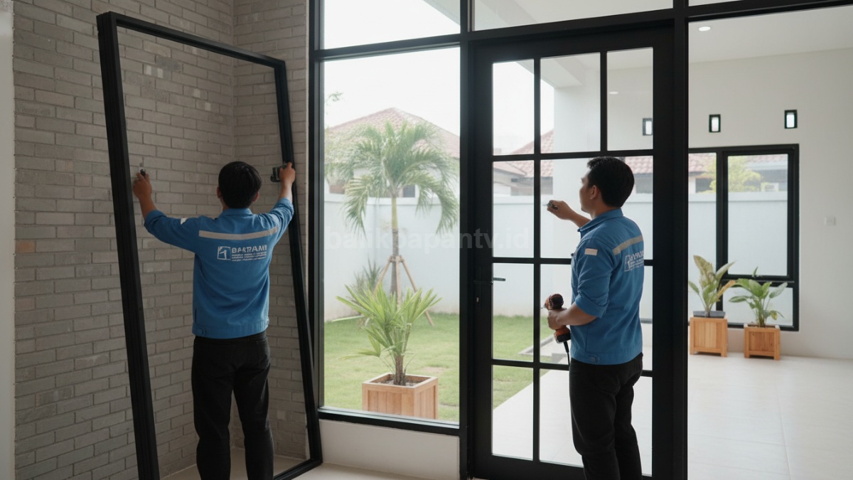 Proses pemasangan pintu aluminium dengan teknisi memastikan posisi presisi dan rapi