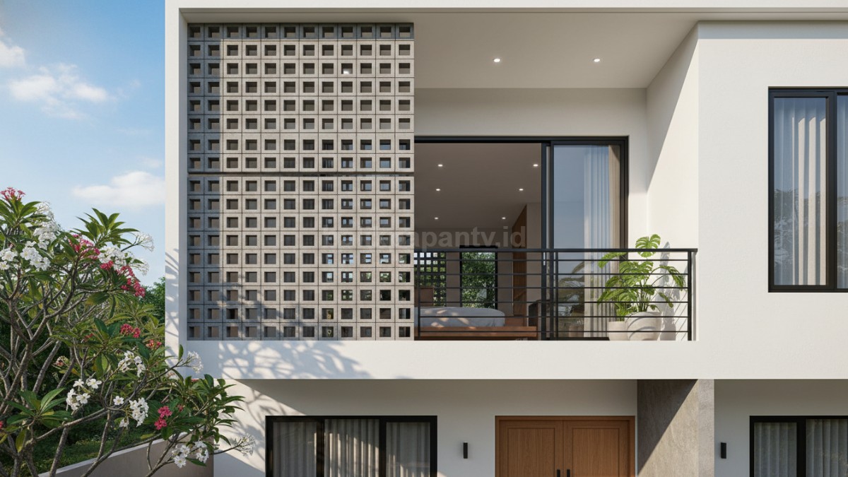 Balkon roster modern dengan pencahayaan alami menciptakan fasad rumah estetik dan nyaman