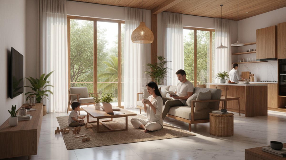 Ilustrasi kebiasaan harian penghuni dalam ruang rumah modern