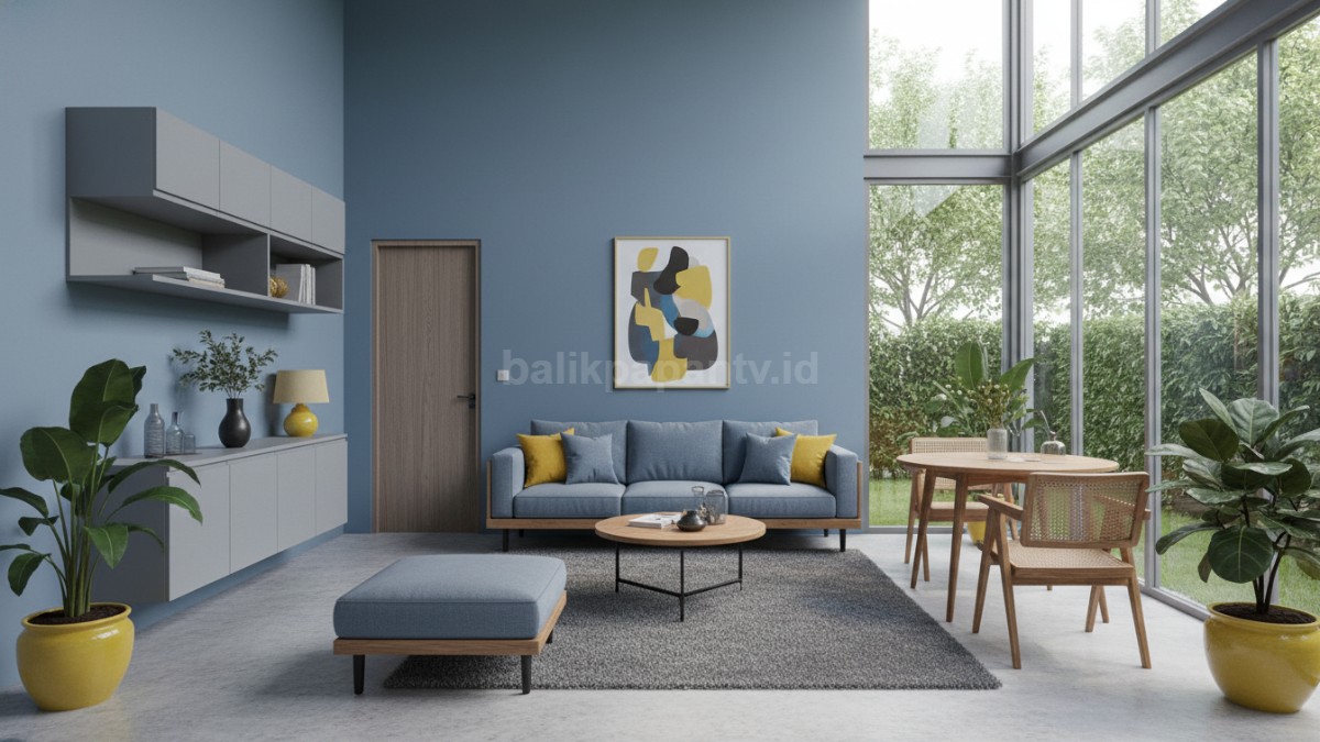 Ilustrasi komposisi warna 60-30-10 di ruang keluarga, Biru dusty 60%, abu terang 30%, Kuning terang 10%