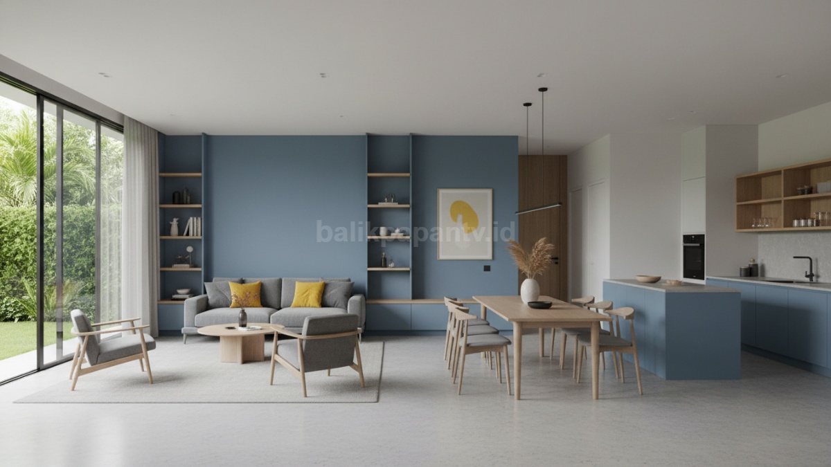 Interior rumah open space dengan kombinasi warna netral modern yang terasa luas dan rapi