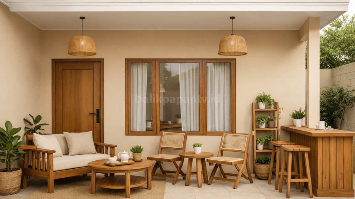 Teras rumah minimalis dengan kombinasi warna cafe kekinian, terlihat estetik dan nyaman untuk bersantai.