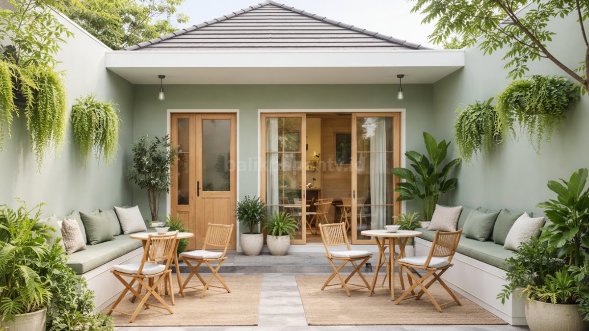 Warna cat teras rumah hijau sage.