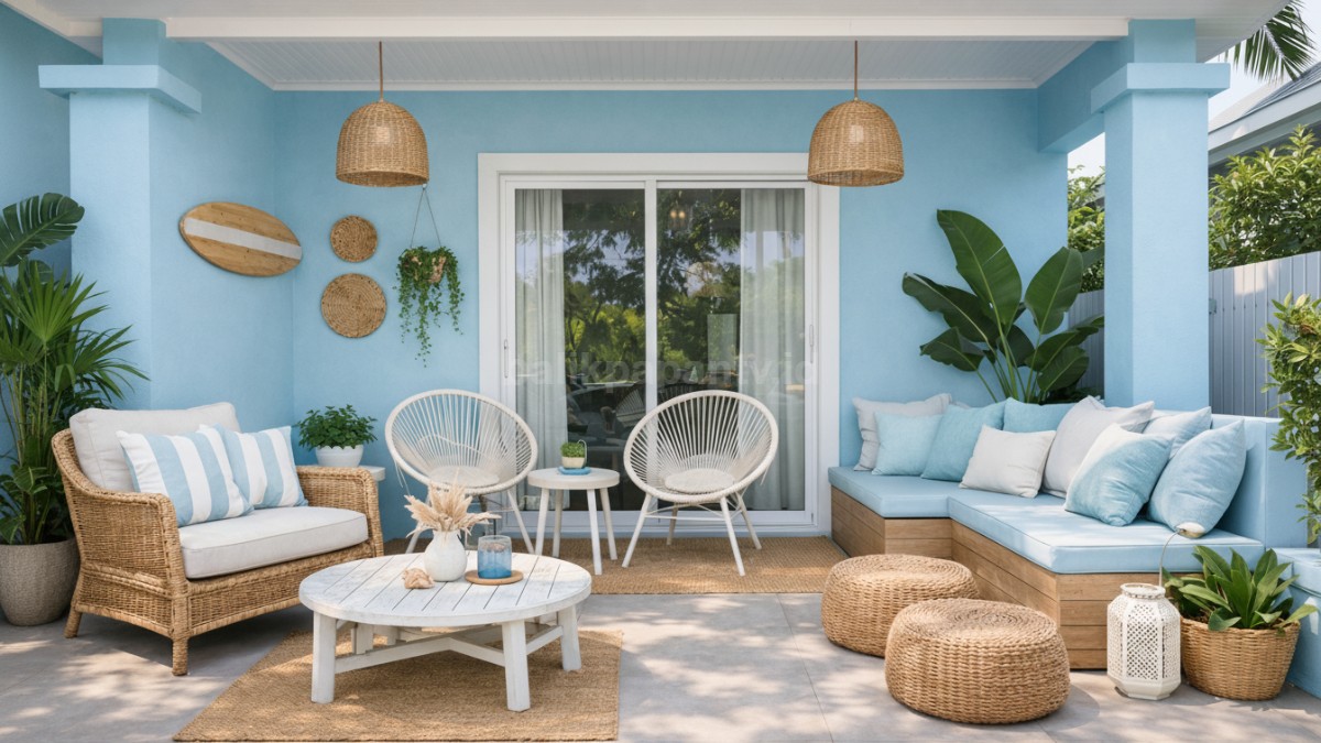 Warna cat teras rumah biru pastel.