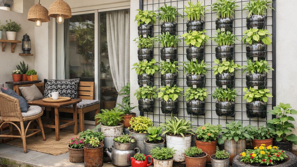 Teras minimalis rumah kontrakan vertical garden dari botol plastik.