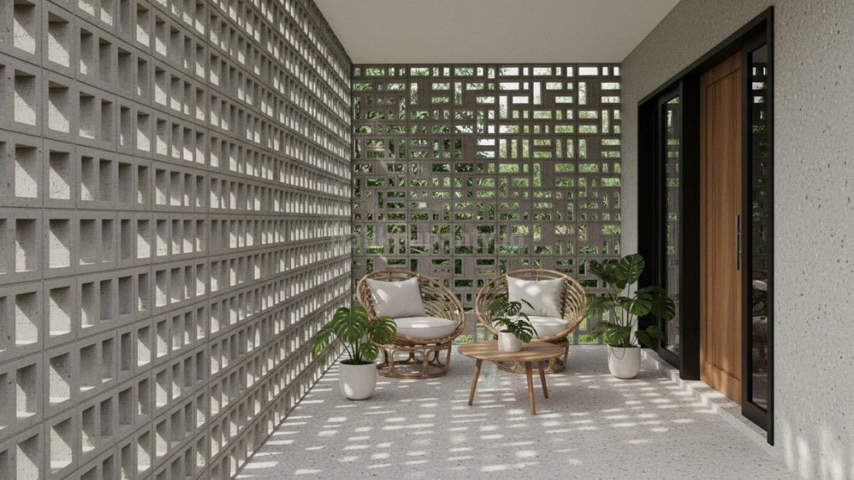 Teras rumah dengan dinding roster modern, tampil teduh dan artistik di siang hari