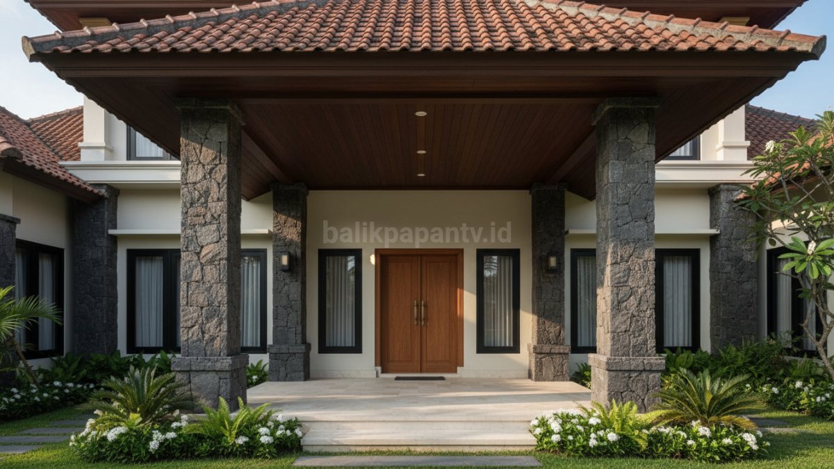 Pilar kanopi batu alami pada teras rumah modern tampil kokoh dan elegan
