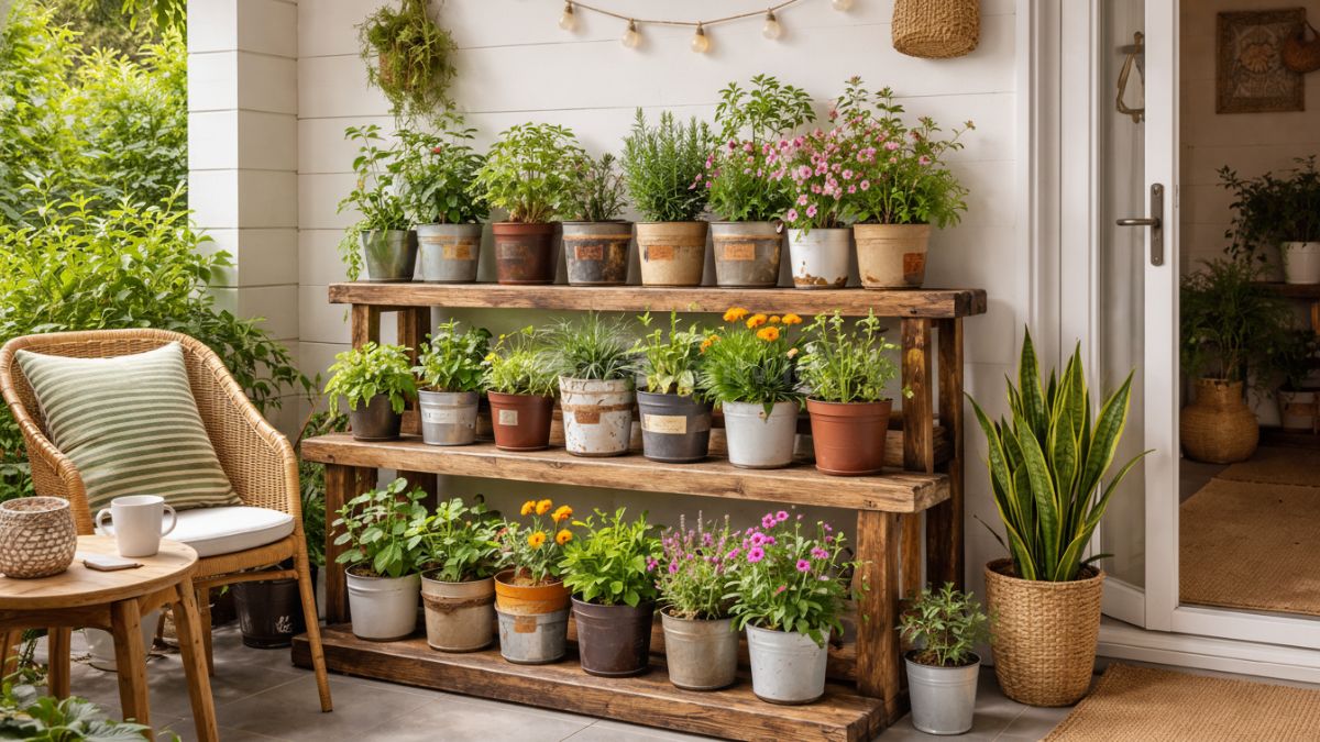 Teras minimalis rumah kontrakan rak kayu sederhana dengan pot bekas.
