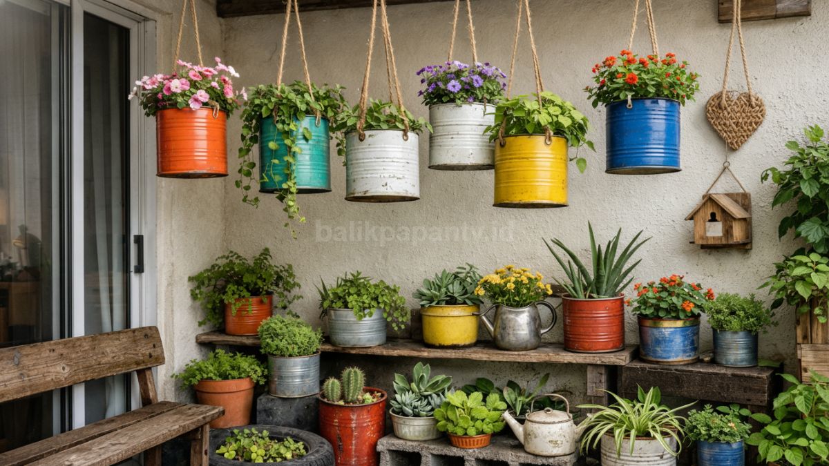 Teras minimalis rumah kontrakan dengan pot gantung dari kaleng cat.