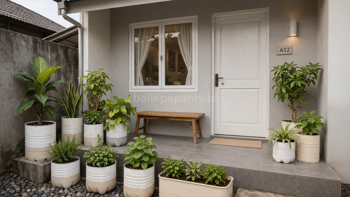 Teras minimalis rumah kontrakan dengan kombinasi pot warna senada.