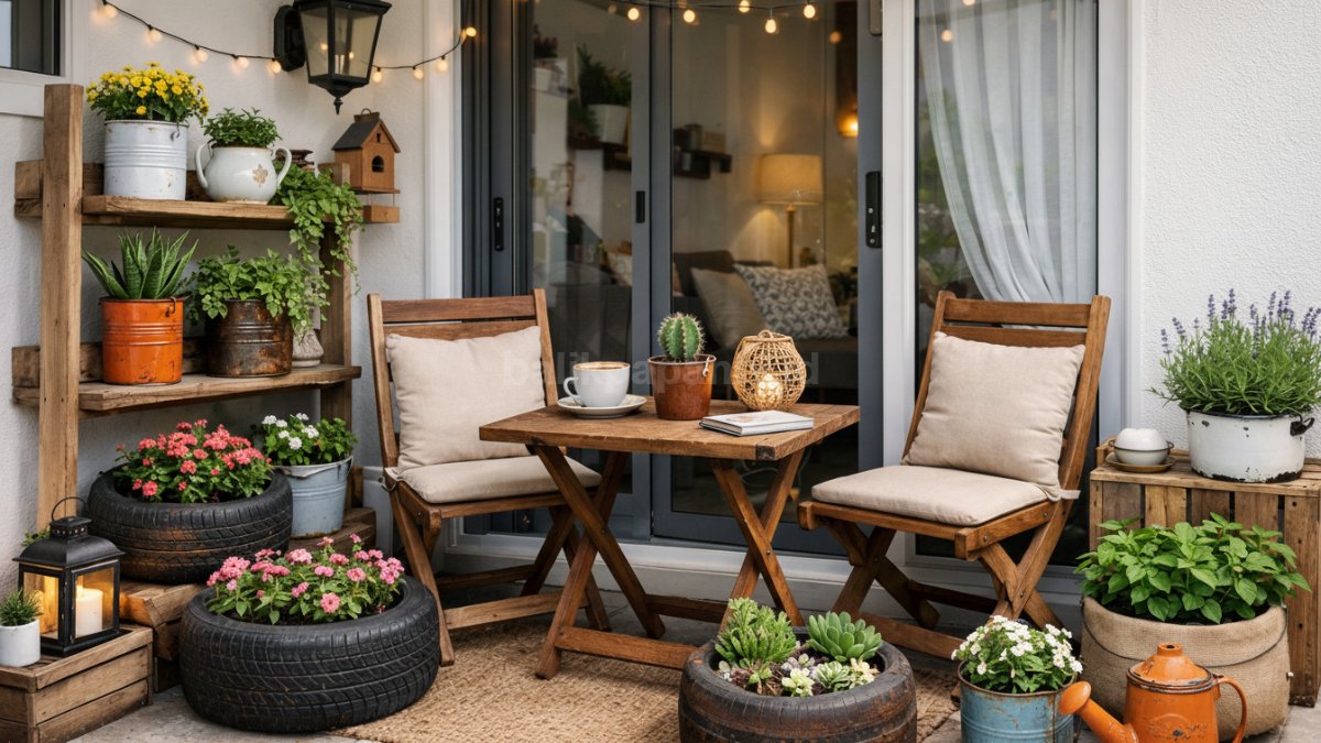Teras minimalis rumah kontrakan dengan kebun pot bekas yang tertata rapi dan estetik di ruang terbatas.
