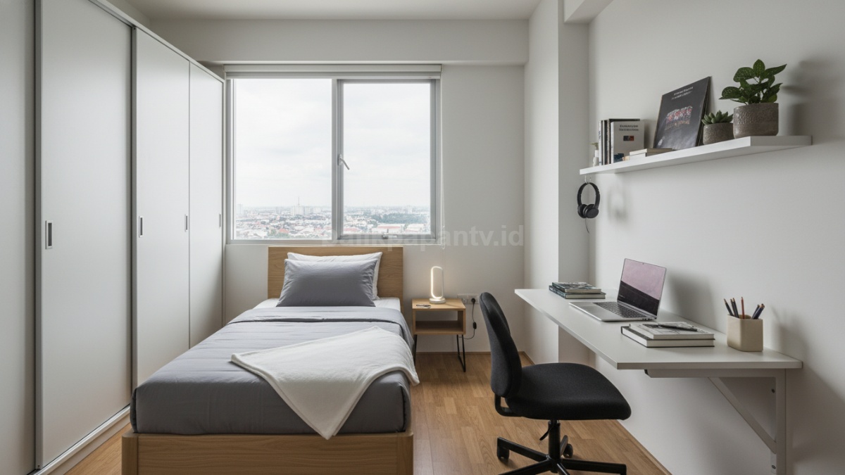 Kamar tidur laki-laki minimalis dengan desain rapi, warna netral, dan furniture fungsional.