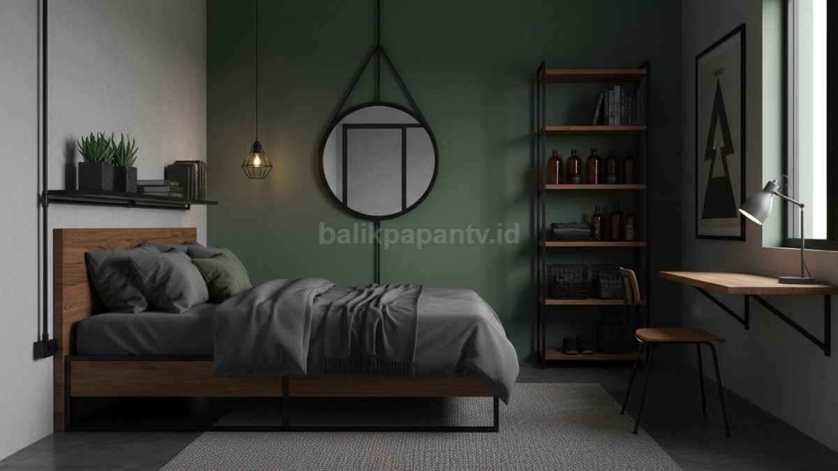 Inspirasi kamar industrial dengan kombinasi besi dan kayu.