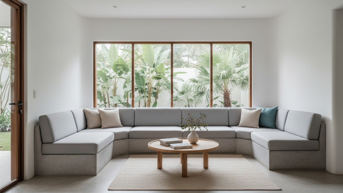 Sofa custom mengikuti bentuk ruang tamu modern dengan layout unik, terlihat rapi dan efisien