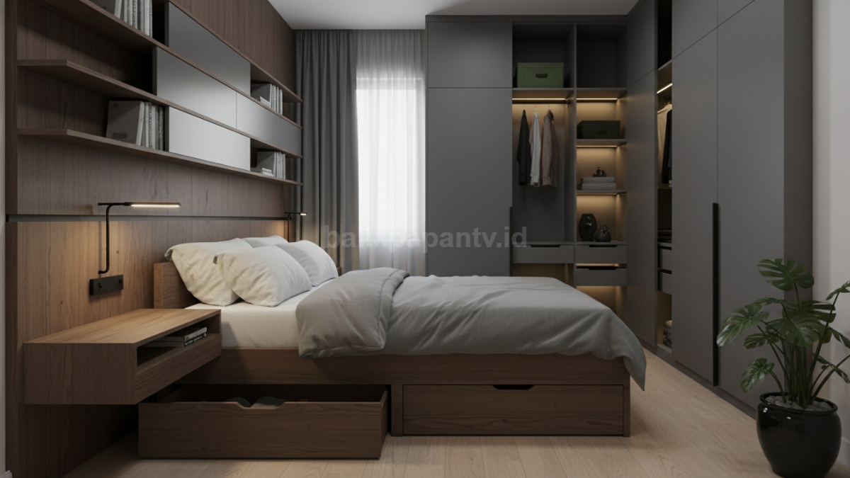 Ilustrasi storage tersembunyi di bawah tempat tidur.