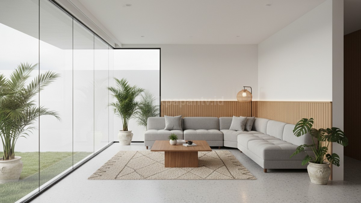 Contoh ruang tamu dengan bentuk tidak simetris dan sofa yang menyesuaikan sudut ruangan