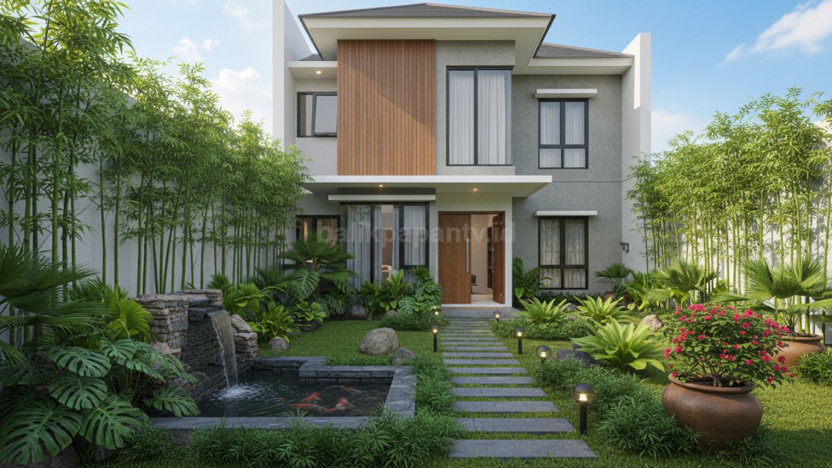 Taman depan rumah minimalis hijau segar dengan kombinasi tanaman dan batu alam
