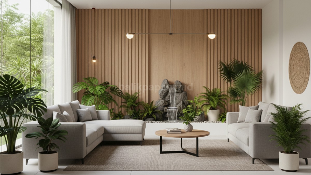  rumah minimalis Ruang tamu modern dengan air mancur indoor kecil dan tanaman hijau menciptakan suasana alami