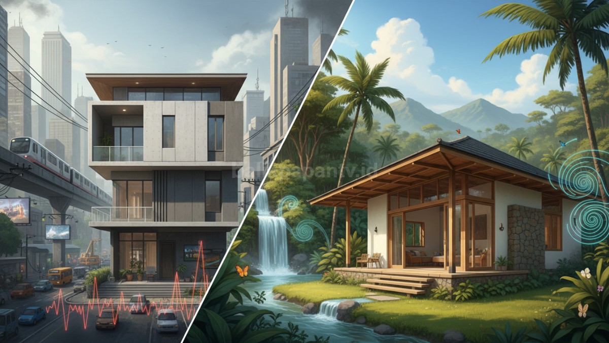 Ilustrasi perbandingan rumah bising kota dan rumah dengan suara alam