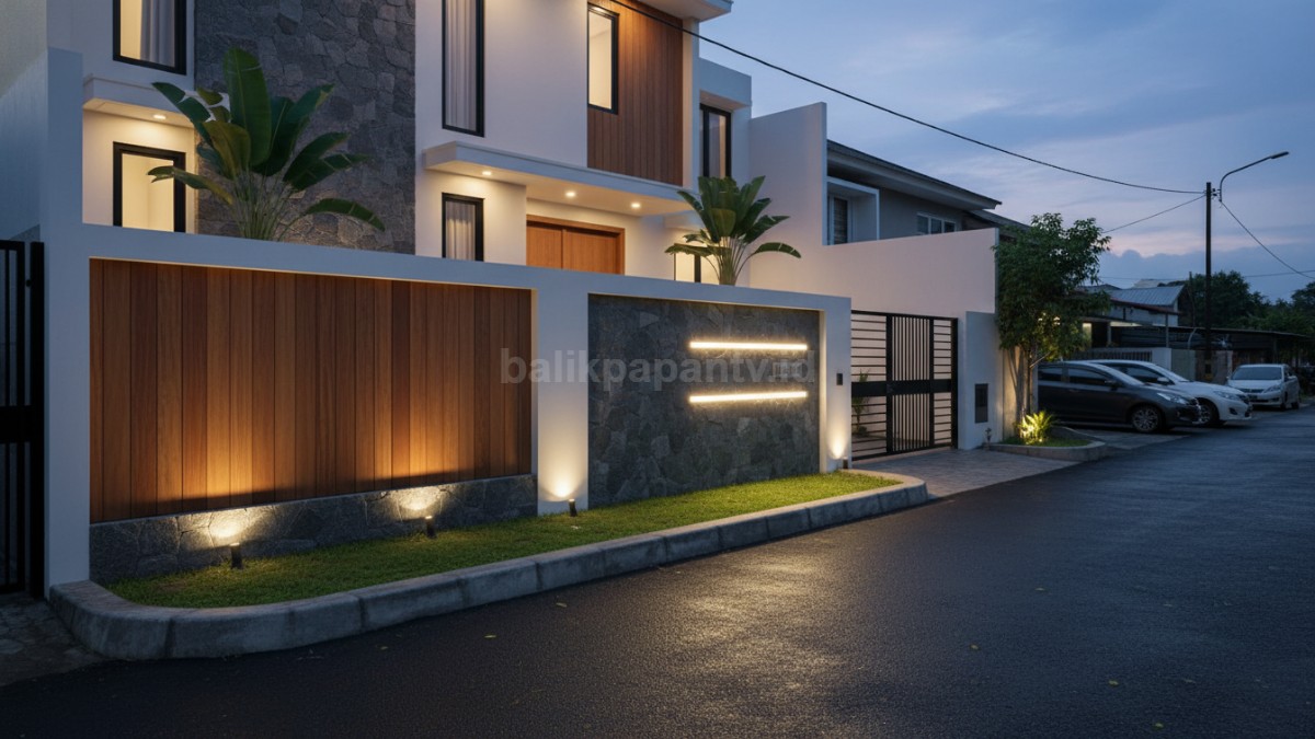 Desain pagar tembok dengan lampu hias modern, tampilan rumah terlihat elegan saat malam hari