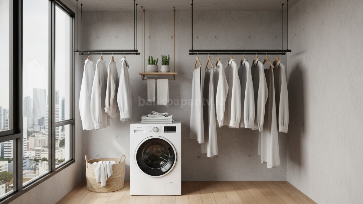 Desain ruang cuci minimalis dengan jemuran gantung modern, solusi hemat tempat untuk rumah kecil.
