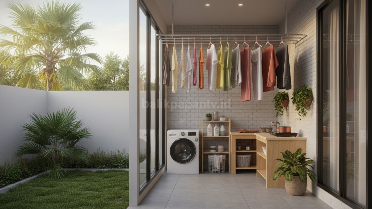Area laundry kecil dengan jemuran gantung rapi, terlihat lega dan terorganisir.
