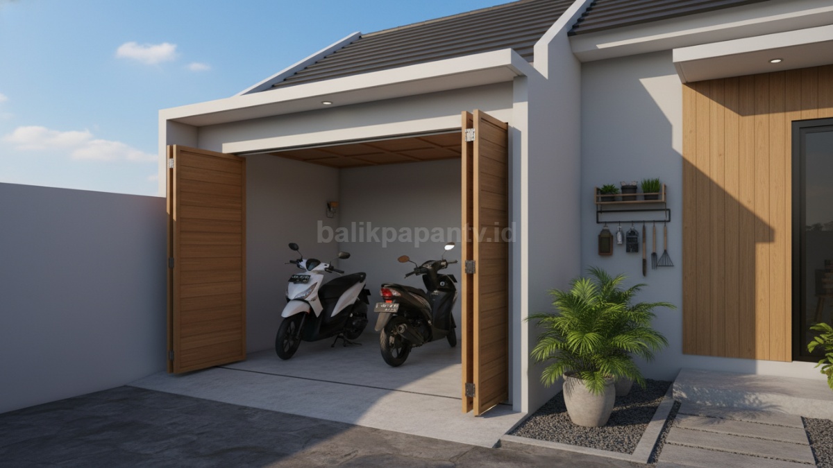 Garasi motor samping rumah minimalis dengan kanopi transparan, solusi hemat lahan yang tetap estetik