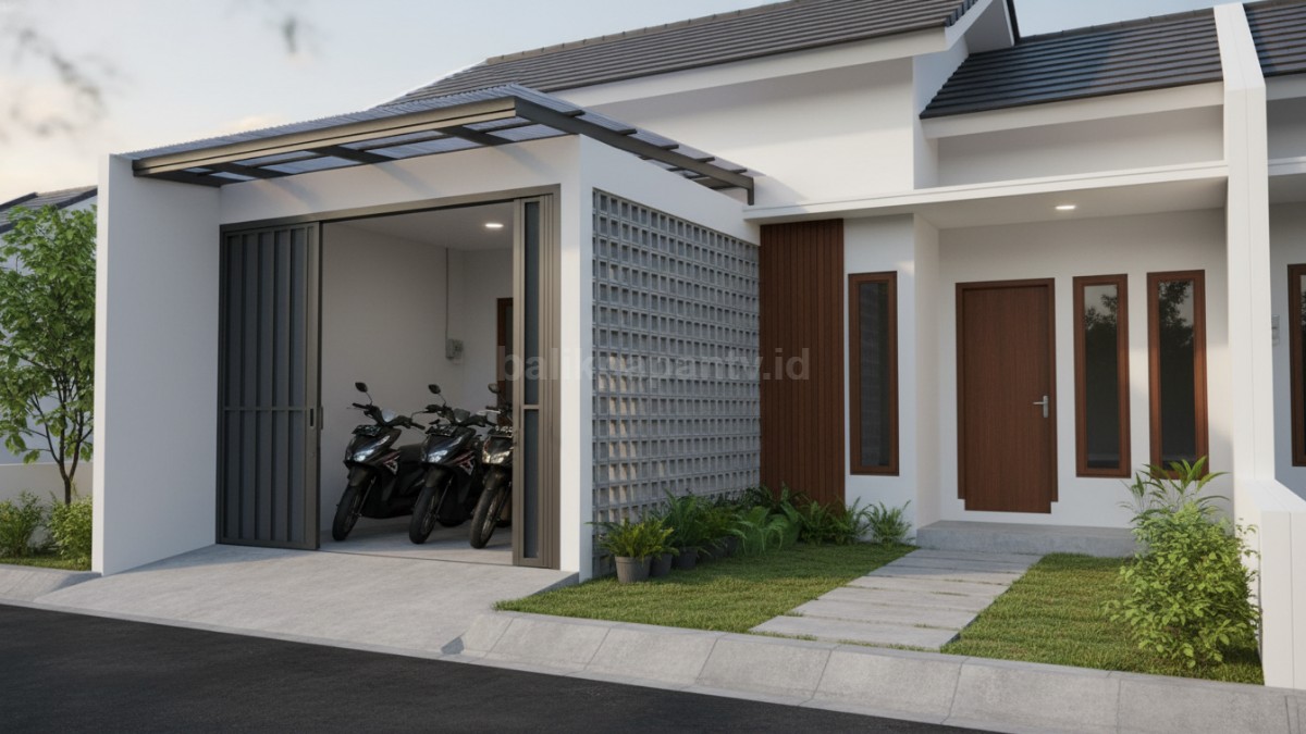 Area samping rumah dimanfaatkan sebagai garasi motor dengan desain rapi dan fungsional