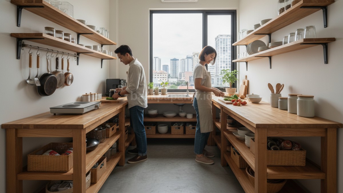 Dapur sederhana tanpa kitchen set dengan meja modular dan rak terbuka, solusi efisien untuk rumah minimalis