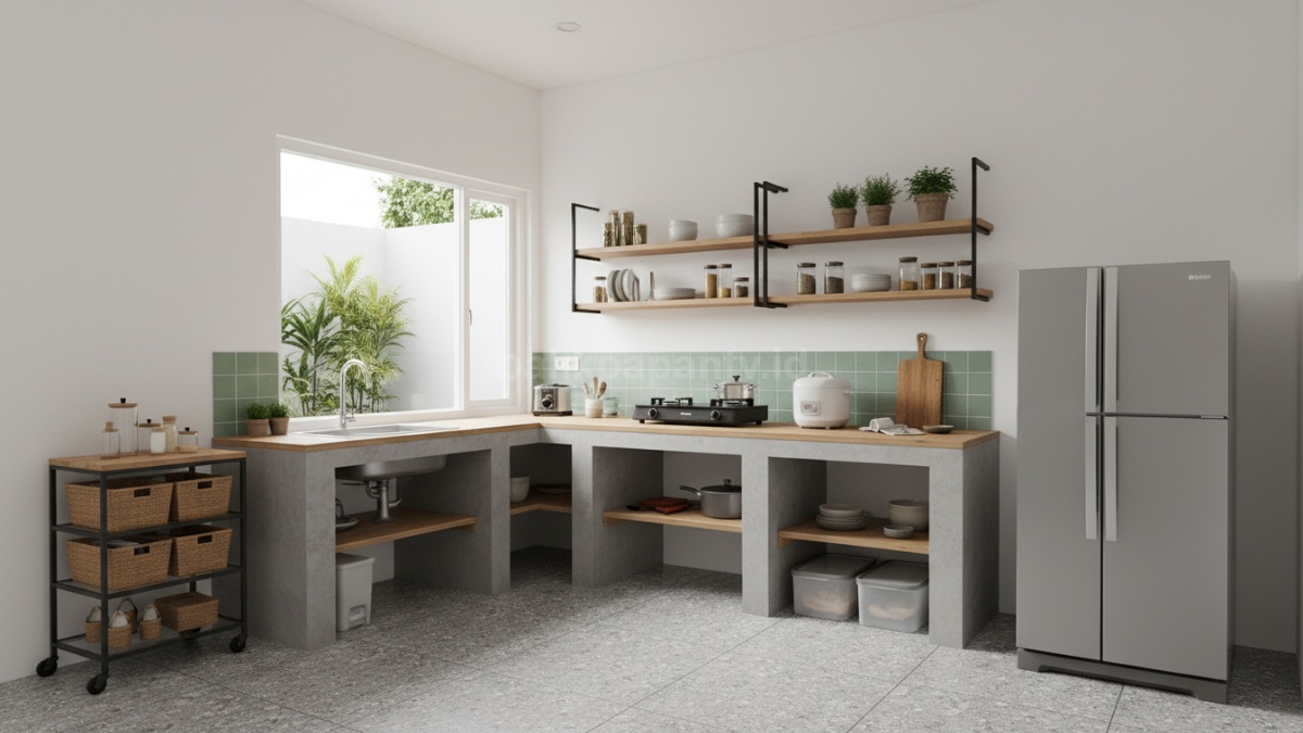 Area dapur tanpa kitchen set yang rapi dengan rak terbuka