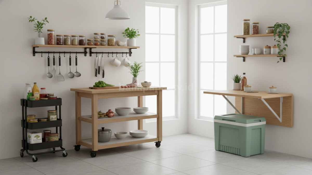 Inspirasi meja modular dan rak multifungsi di dapur kecil