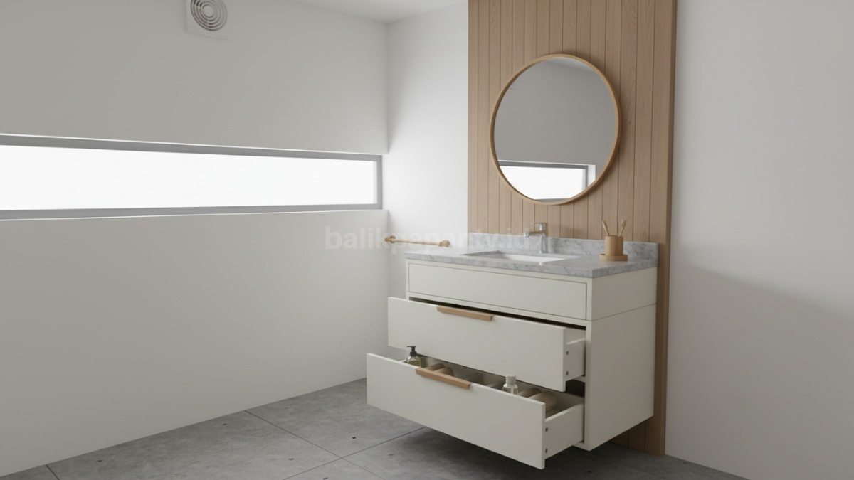 Tampilan wastafel modern sebagai fokus utama kamar mandi minimalis