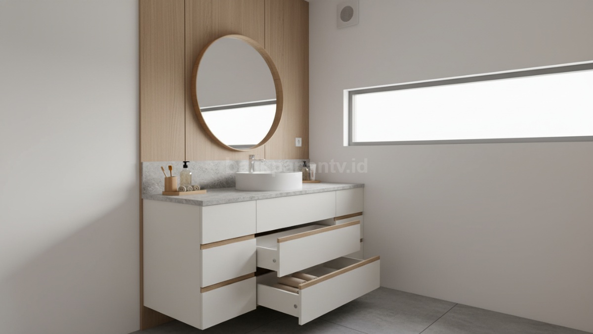 Wastafel minimalis modern dengan desain gantung di kamar mandi kecil yang rapi dan estetik