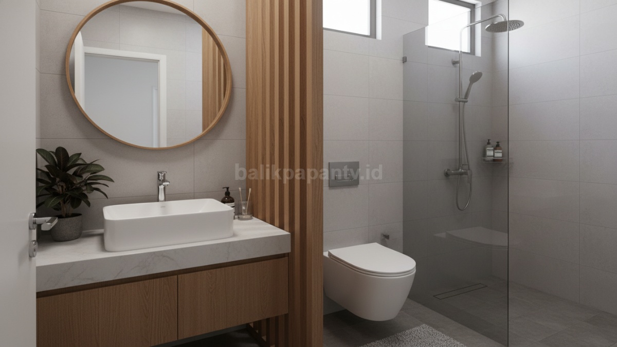 Desain kamar mandi minimalis modern dengan penempatan toilet duduk rapi dan estetis